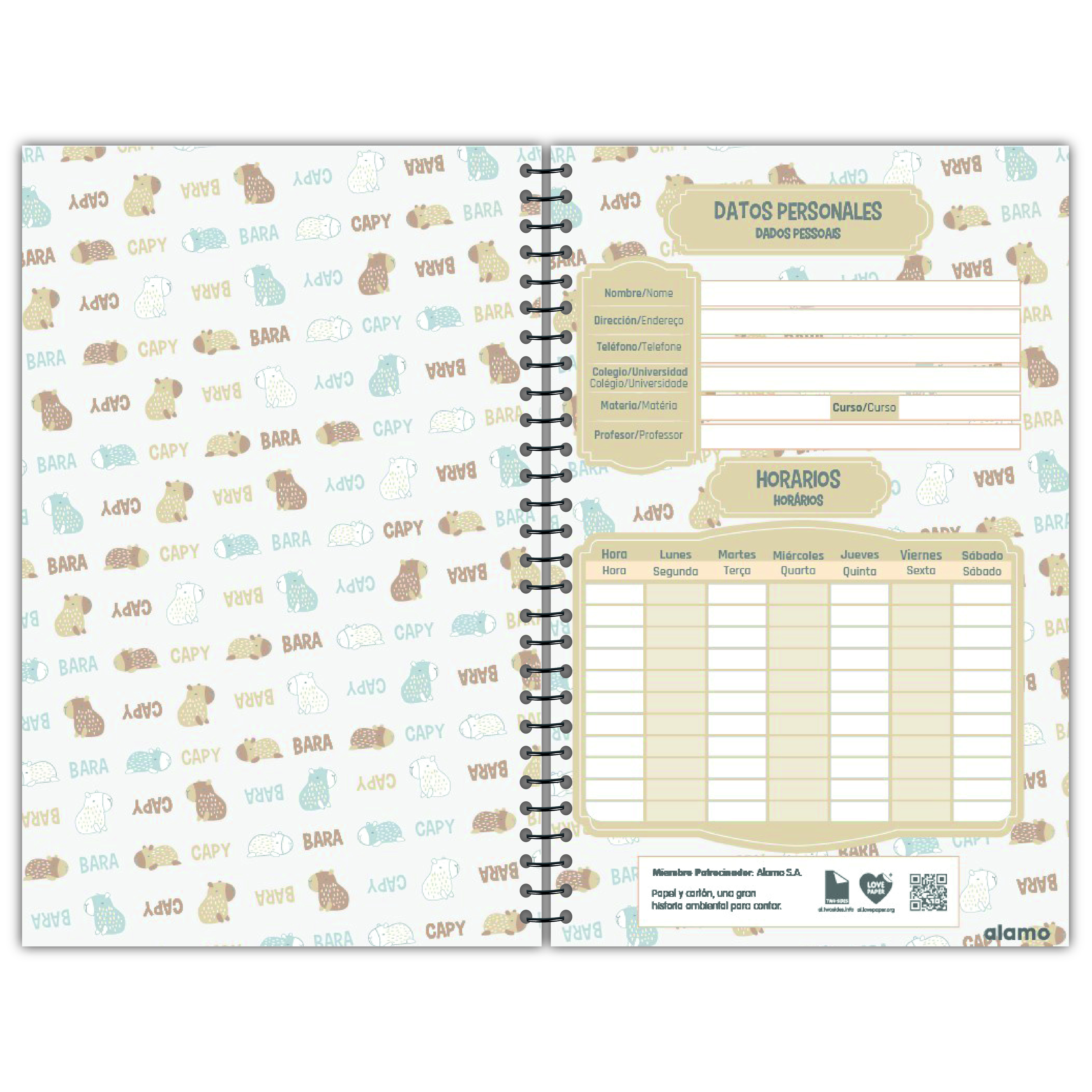 CUADERNOLA ALAMO CAPYBARA TAPA DURA 96 HOJAS 19 X 27CM.