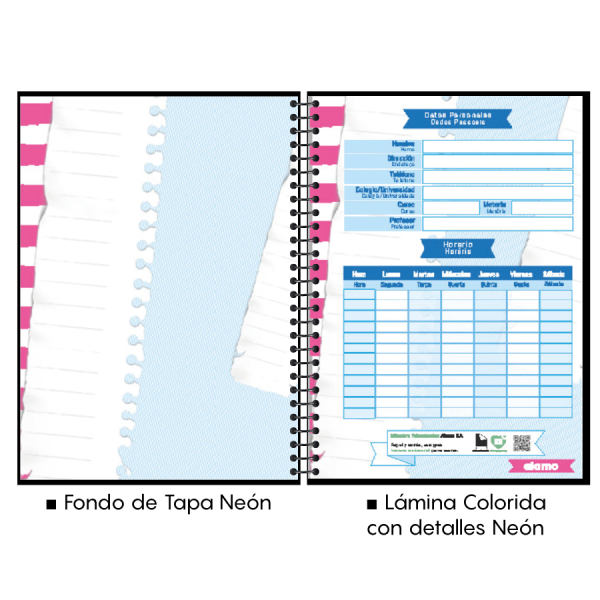 CUADERNOLA ALAMO NEON TAPA DURA 200 HOJAS 19 X 27CM.