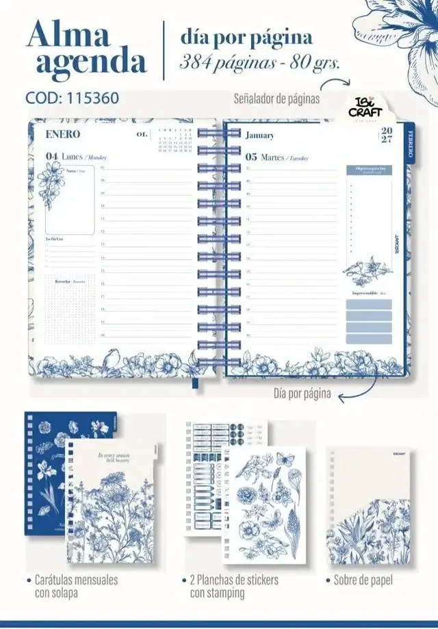 AGENDA IBICRAFT ALMA DIA X HOJA CON ESPIRAL 14.5 X 21 CM.