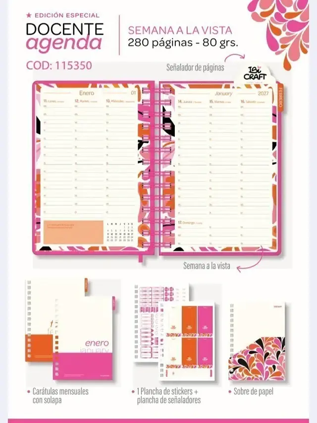 AGENDA IBICRAFT DOCENTE DIA X HOJA CON ESPIRAL 14.5 X 21 CM.