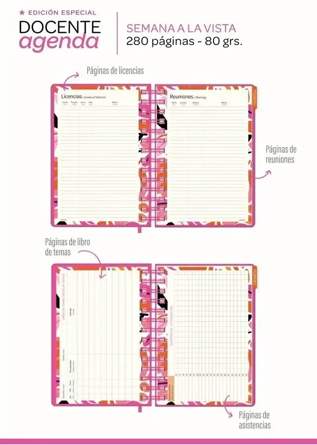 AGENDA IBICRAFT DOCENTE DIA X HOJA CON ESPIRAL 14.5 X 21 CM.