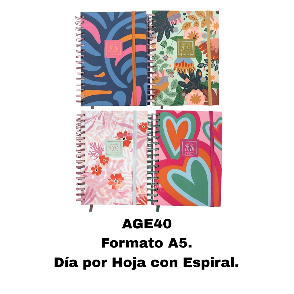 AGENDA OMEGA Nº 40 DIA X HOJA TAPA COLOR CON ESPIRAL 14.5 X 21 CM.