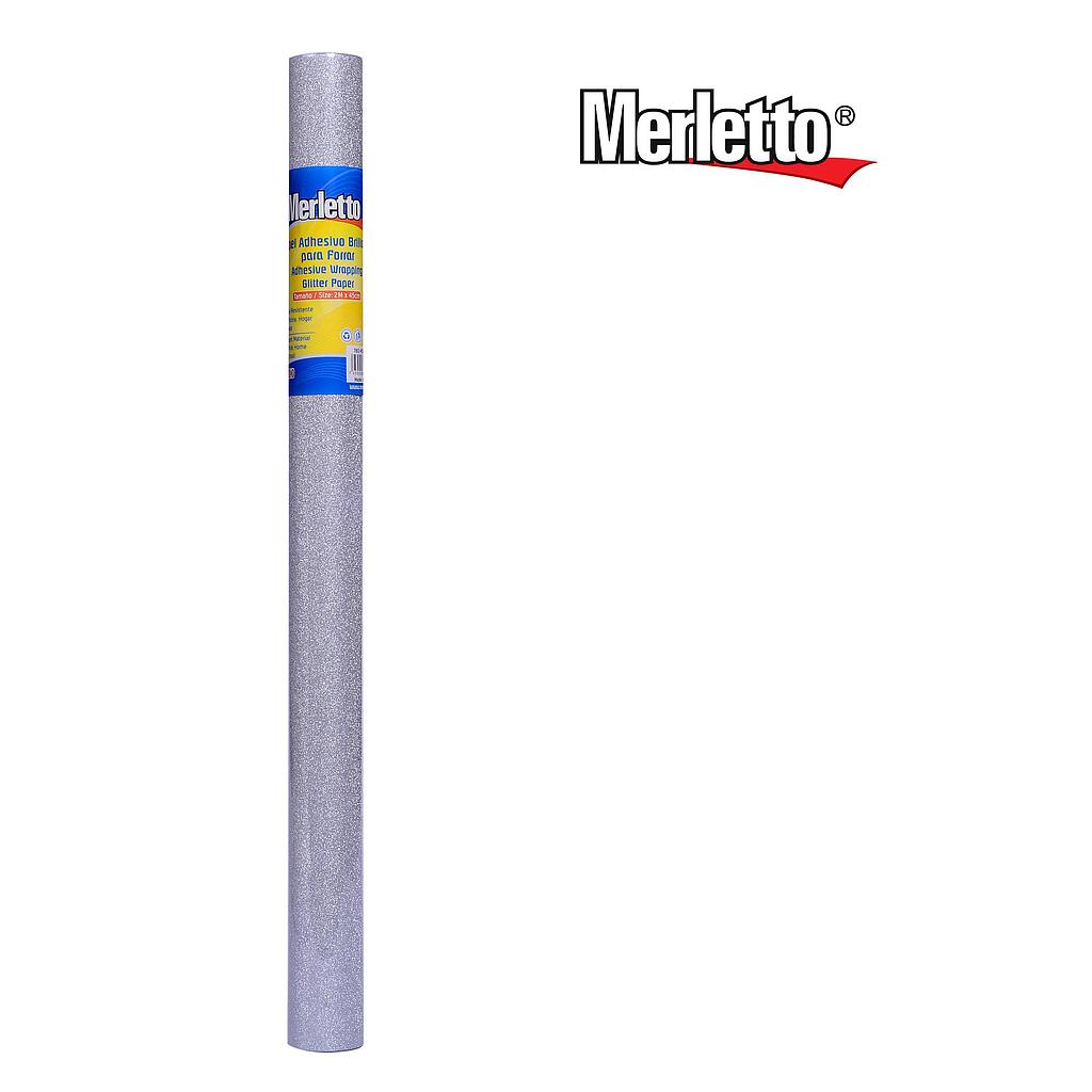 PAPEL ADHESIVO MERLETTO PLATEADO GLITTER 0.45 X 2 METROS